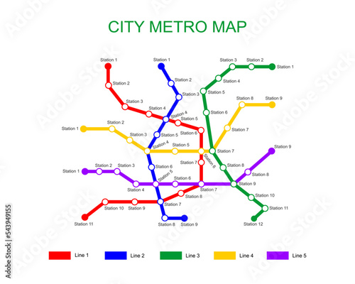 City metro map template. Subway plan with 5 colored way lines with stations. Infographic diagram of public rapid transport network isolated on white background. Vector illustration