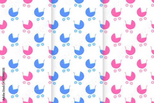 Set of seamless patterns with baby prams. Pink and blue strollers background for scrapbooking or wrapping paper, bedcloth fabric design. Vector flat illustration