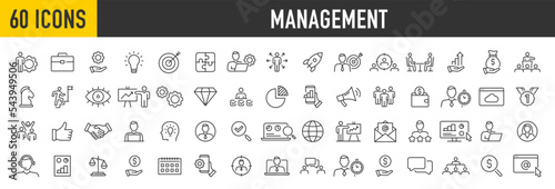 Set of 60 Management web icons in line style. Media, teamwork, business, planning, strategy, marketing collection. Vector illustration.