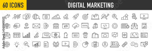 Set of 60 Digital Marketing web icons in line style. Social, networks, feedback, communication, marketing, content, analysis, ecommerce collection. Vector illustration.