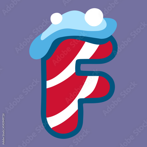 christmas winter letter F with red white lolipop ornament and snow, dark blue backdrop, doodle
