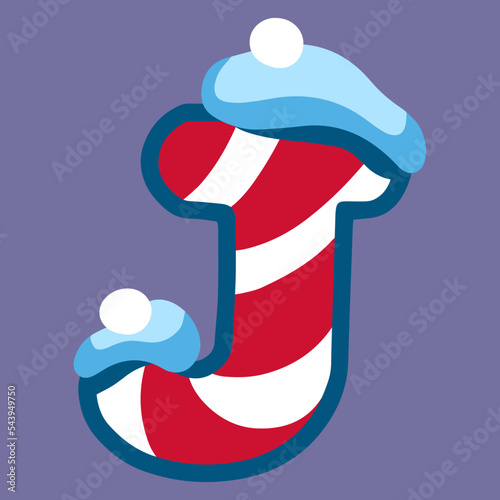 christmas winter letter J with red white lolipop ornament and snow, dark blue backdrop, doodle