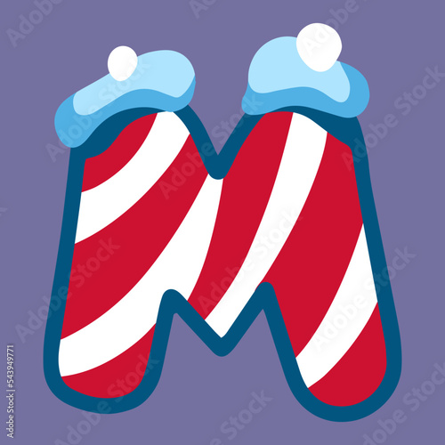 christmas winter letter M with red white lolipop ornament and snow, dark blue backdrop, doodle