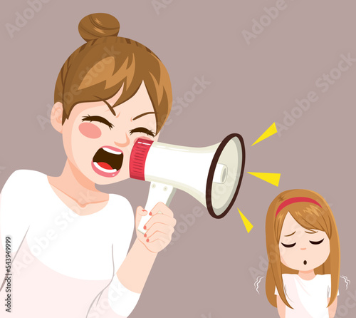 Vector illustration of angry mother yelling at stressed daughter. Sad child feeling intimidated by screaming furious mom