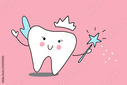 Cute tooth fairy with magic wand. Concept of children dentistry, first lost tooth. Girly style. Element for greeting card to child, parents. Character for poster, banner, social media, blog, print.