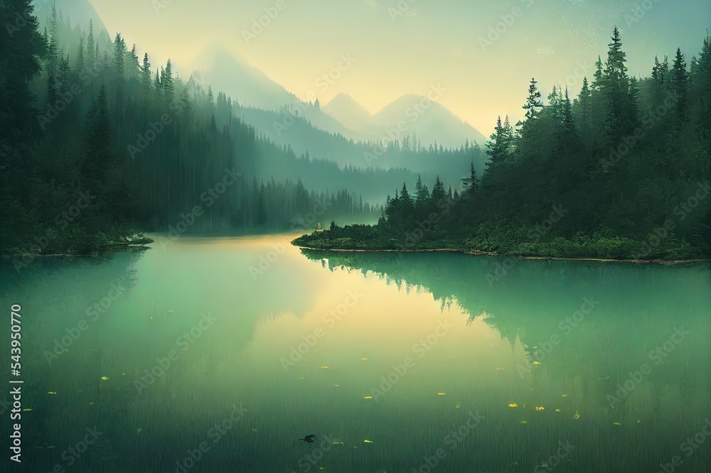 Foggy Coniferous Forest and lake wild woods landscape Travel concept serene scenic view