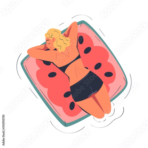 Woman Character Floating on Air Mattress in Swimming Pool Vector Illustration