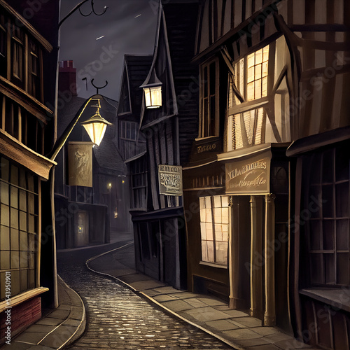 Old English street at night, reminiscent of the Shambles in York photo