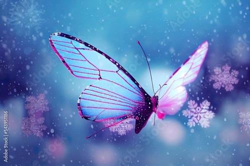 Beautiful butterflies in the snow on the wild grass on a blue and pink background. Snowfall Artistic winter christmas natural image. Winter and spring background. © 2rogan