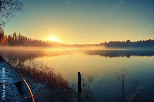 Wooden rowing boat anchored to the forest lakeshore. Sunrise. Pure sunlight, fog, frost. Finland. Idyllic landscape, rural scene. Autumn, early winter. Nature, seasons, eco tourism, fishing themes photo