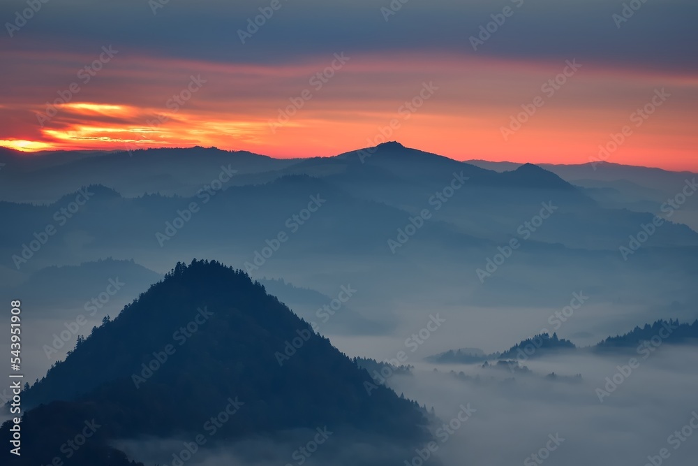 Wonderful morning mountain landscape. Sunrise at the top of Trzy Korony in Pieniny, Poland.