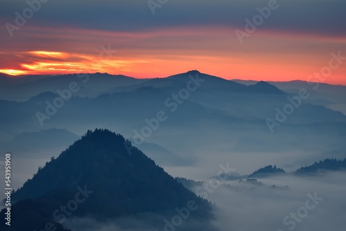 Wonderful morning mountain landscape. Sunrise at the top of Trzy Korony in Pieniny, Poland. © shadowmoon30