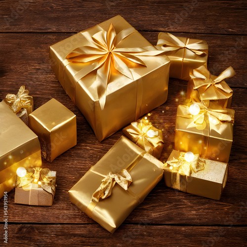 golden christmas gift bpxes or present on wooden table. shiny magical boxes  photo