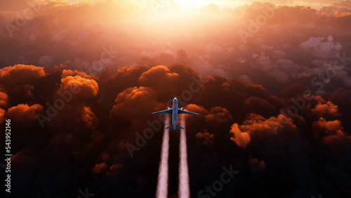 Cinematic view of a commercial airplane making a flight above clouds making a contrail at sunset. Far shot of a cargo aircraft traveling above orange clouds making a smoke out of engines.
