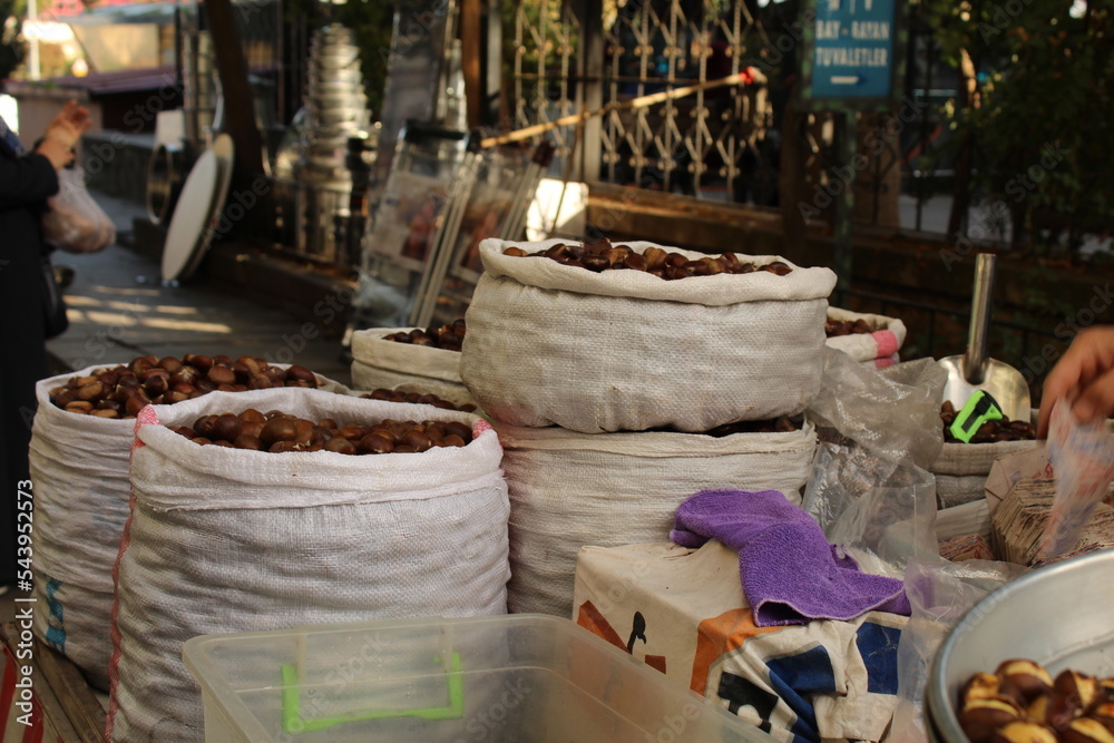 Fresh roasted chestnut on a roasting stall