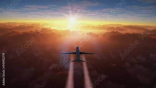 Cinematic view of a commercial airplane making a flight above clouds making a contrail at sunset. Cargo aircraft traveling above orange clouds making a smoke out of engines.