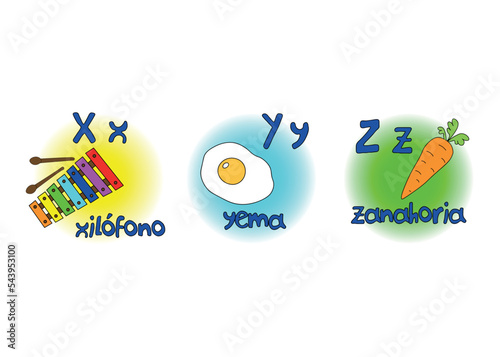 three letters of spanish alphabet with upper and lower case letters and example words with pictures; vector design for teachers, schools, lessons