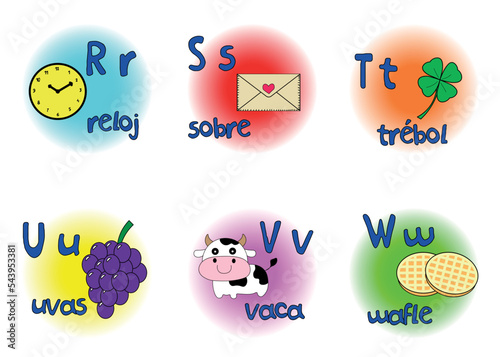 six letters of spanish alphabet with upper and lower case letters and example words with pictures; vector design for teachers, schools, lessons