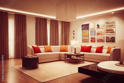 Home living room interior with ethnic decoration, African style, 3d render