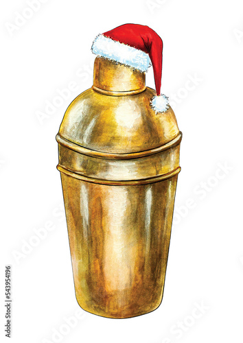 Christmas New Year Eve Winter Holiday Cocktail Liquor Bar Party Nightlife Hand Drawn Food Gold Yellow Shaker in Santa Claus Hat Sketch Illustration. Menu, card, poster, invitation, decoration