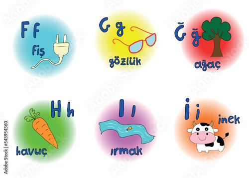 six letters of turkish alphabet with upper and lower case letters and example words with pictures; vector design for teachers, schools, lessons