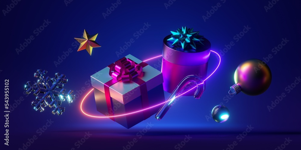 3d render, neon Christmas wallpaper. Wrapped gift boxes inside the