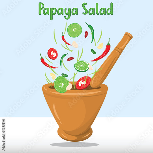 Ingredients of papaya salad, Thai food and wooden mortar and pestle with sliced chili, tomato, lime, garlic, chilli, papaya - Vector Illustration