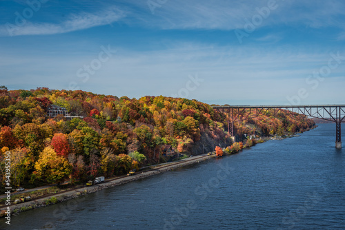 An Autumn view of the Hudson river bank from  the mid-Hudson bridge in New York state 