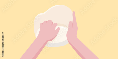 He was kneading the dough for cooking.
Illustrator about thresh flour.