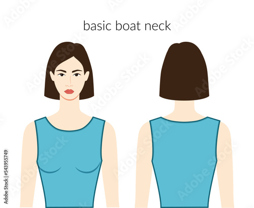 Basic boat neckline clothes character beautiful lady in aqua top, shirt, dress technical fashion illustration with fitted body. Flat apparel template front, back sides. Women, men unisex CAD mockup