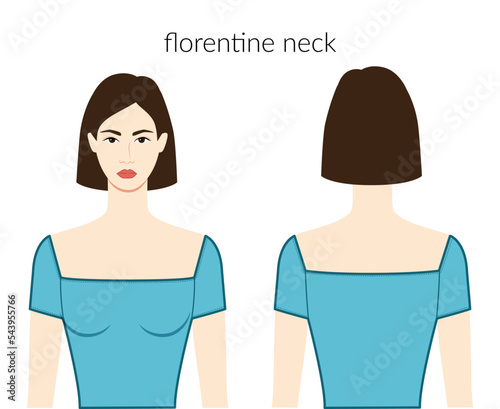 Florentine neckline clothes character beautiful lady in blue top, shirt, dress technical fashion illustration with fitted body. Flat apparel template front, back sides. Women, men unisex CAD mockup