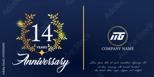 14th anniversary logo with elegant ornament monogram and logo name template on elegant blue background  sparkle  vector design for greeting card.