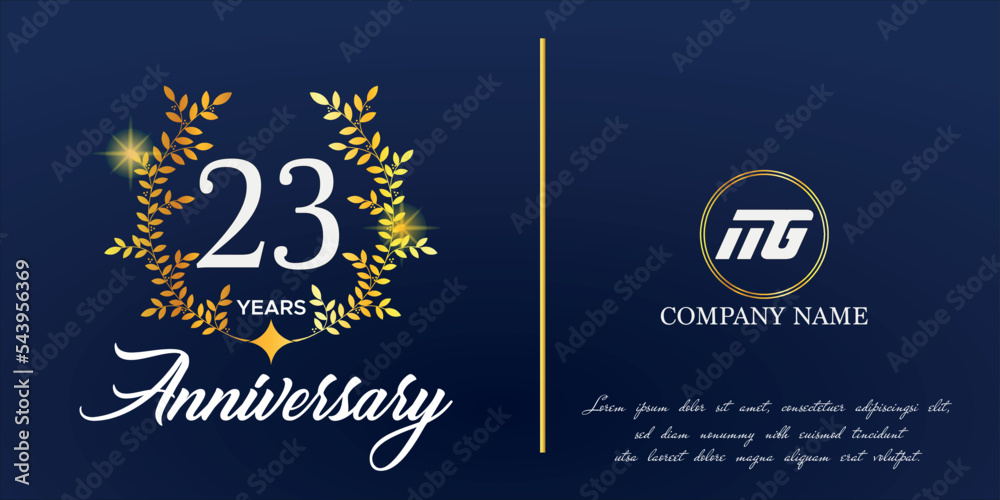 23rd anniversary logo with elegant ornament monogram and logo name template on elegant blue background, sparkle, vector design for greeting card.