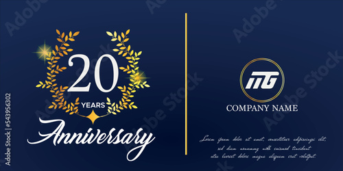 20th anniversary logo with elegant ornament monogram and logo name template on elegant blue background, sparkle, vector design for greeting card.