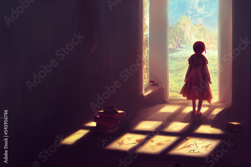 Book of Imagination and a girl. Fantasy art. Concept idea of education, kid, child dream, inspiration, creative, edventure and lerning. Conceptual 3d illustration. Surreal painting.
