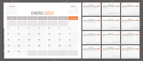 Spanish calendar planner 2023 vector, schedule month calender, organizer template. Week starts on Monday. Business personal page. Modern simple illustration