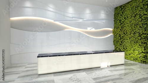 Reception in new office. Blank of corporate style, wood white wall. Green plant wall office concept. 3d rendering. © adobedesigner