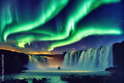 A wonderful night with Kp 5 . Northern lights The Godafoss is a waterfall in Iceland. photo