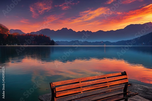 Beautiful view of wooden bench overlooking famous Lake Bled with Bled Island and Julian Alps in the background at sunrise in winter, Slovenia