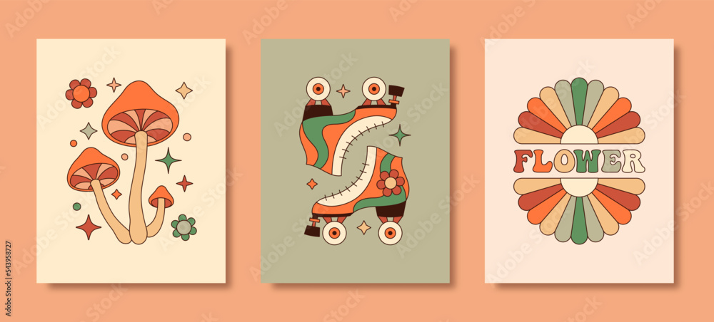Groovy Hippie 70s Posters Set. Vector Psychedelic Background: Mushrooms, Rollers, Daisy Flower