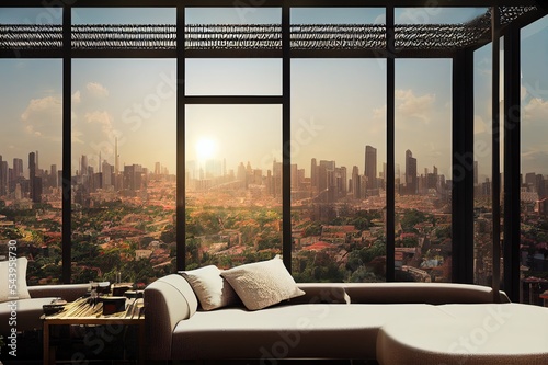 Foto 3D illustration of luxury top floor city apartment with private pergola and rattan decor furniture