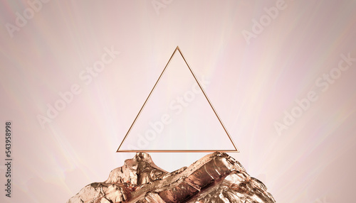 3d rendering, abstract geometric background with rose gold triangle frame on the top of the copper rock, showcase scene for product presentation. Aesthetic minimalist wallpaper