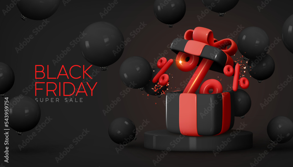 Black friday sale promo background. Realistic 3d design in cartoon style, dark stage podium, round studio for sales. Black open gift box with balloons. Web poster, holiday banner. vector illustration - obrazy, fototapety, plakaty 