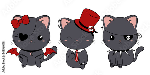 Czarny kot. Trzy urocze gotyckie kotki. Zwierzęta w stylu kawaii z gotyckimi dodatkami. Ilustracja wektorowa.