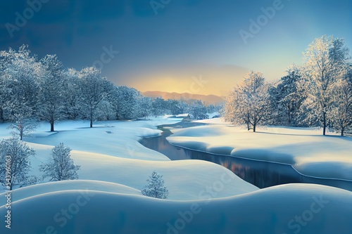 Beautiful view of the hilly valley with the river soothing winter nature. Background with copy space for text photo