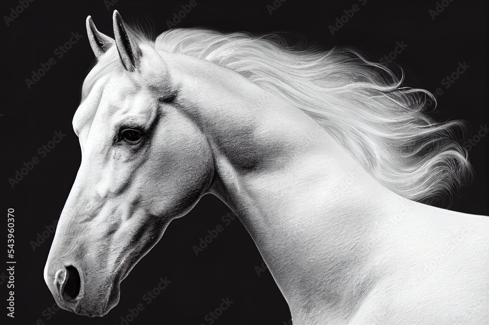 detail of the back of the head and the head of a white horse, horse detail, a black and white photo detail of the back of the head and the head of a white horse, horse detail, a black and white photo
