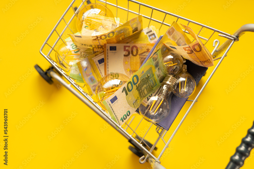 Electricity costs.Light bulbs and euro banknotes on a yellow background.Crisis in the energy sector.Payment of electricity bills in EU countries.