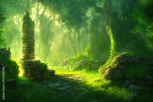 Fantasy forest landscape with stone ruins and bizarre vegetation at a beautiful sunset. Ancient stone fantasy magic portal, passage to the unreal world. Green dense forest with sun rays. 3D