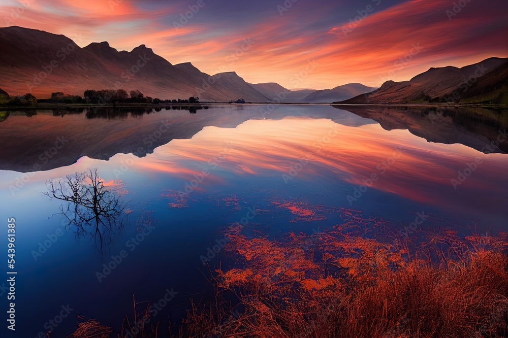 Vibrant orange sunrise with moving clouds and snowcapped mountains reflecting in calm still water with lonely tree in foreground at Buttermere, Lake District, UK.