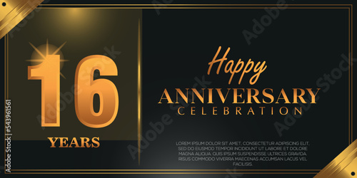 16th anniversary logo with confetti golden colored isolated on black background, vector design for greeting card and invitation card